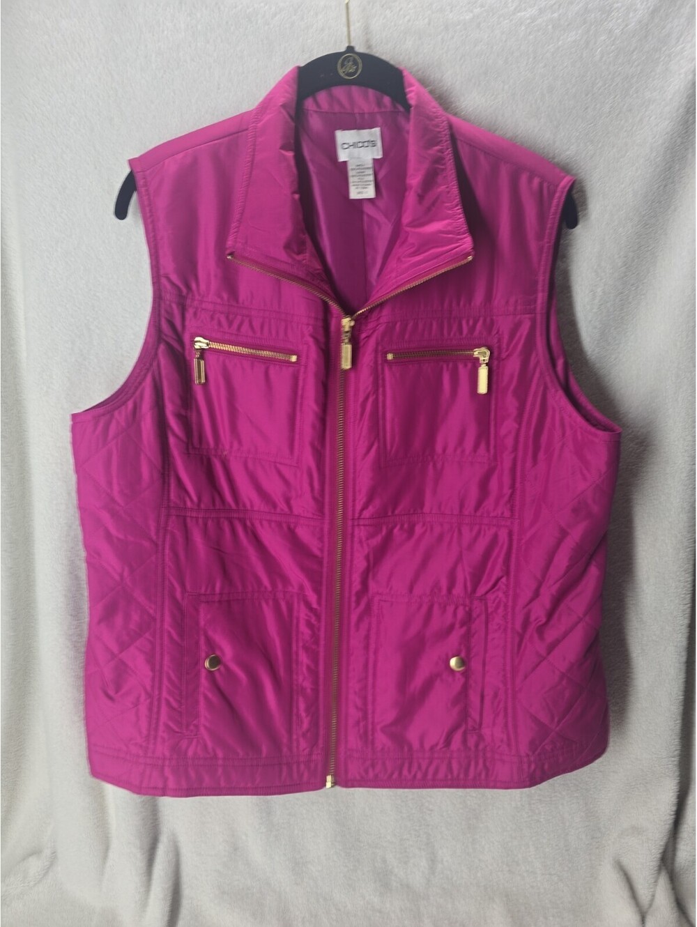 Chico's Sz. 2 Sleeveless Puffer Full Zip Jacket Vest Women’s Fuchsia/Gold Accent
